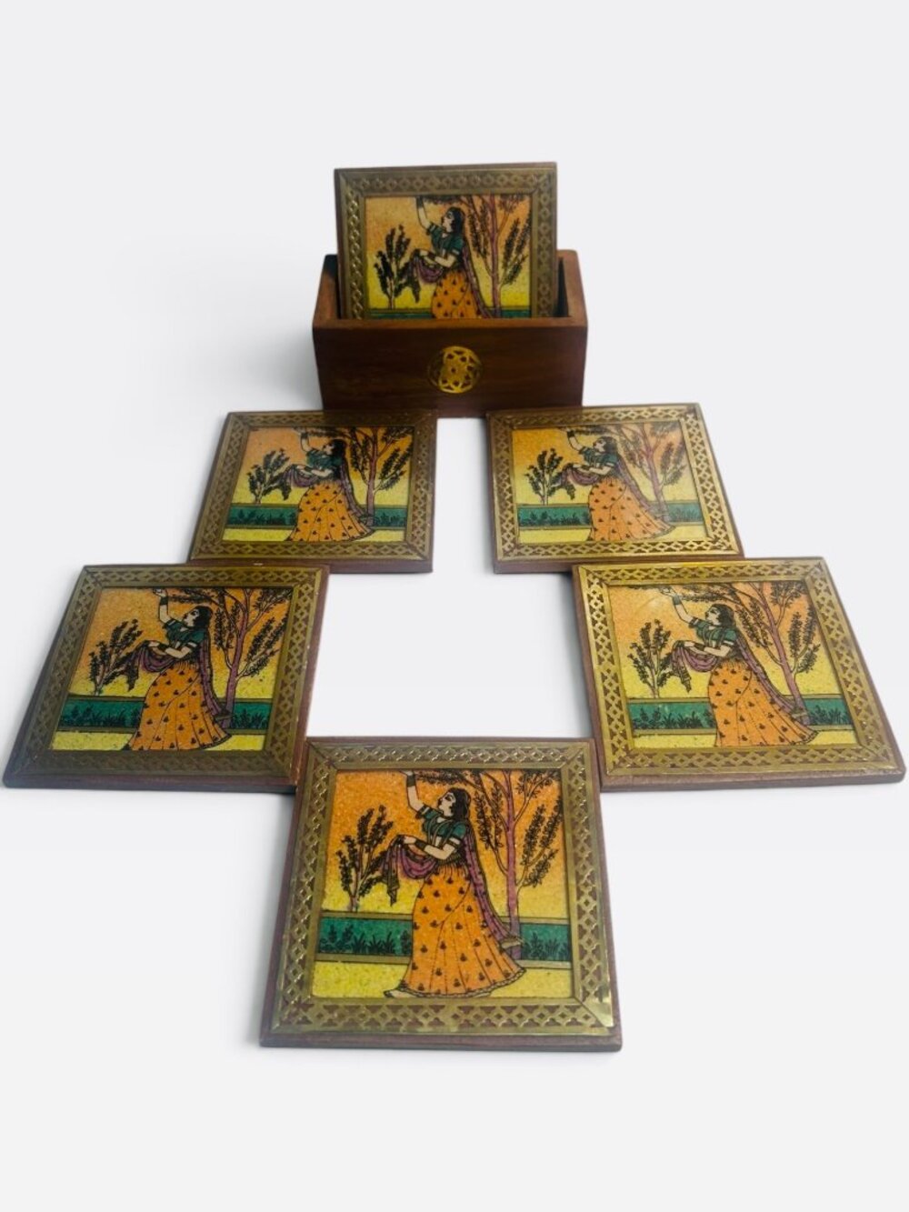 Vintage Indian Sand Gemstone Painting Drink Coasters Brass Wood Set 6 Velvet Box
